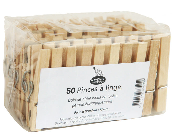 Pack de 50 pinces à linge naturelles en hêtre - La Droguerie Ecologique
